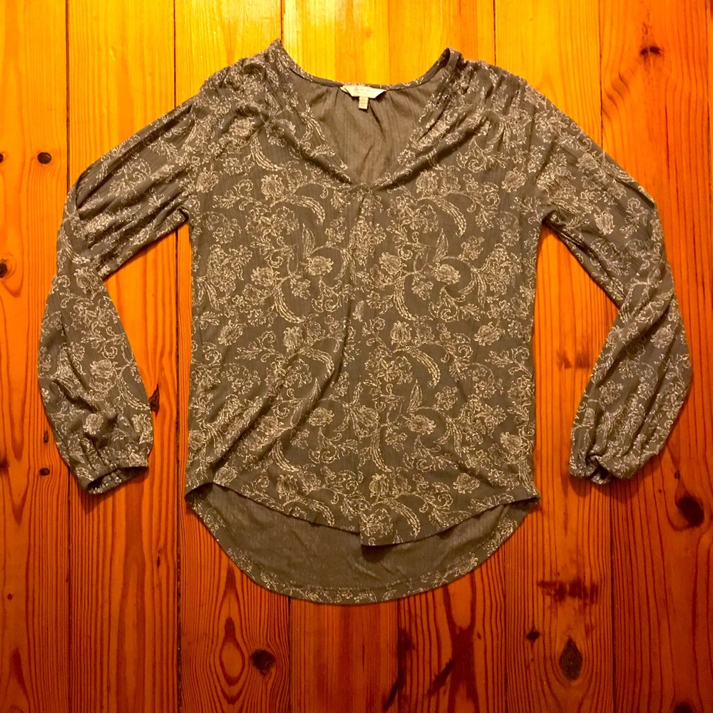 Lucky Brand Gray White Floral 3/4 Tee, EUC, XS